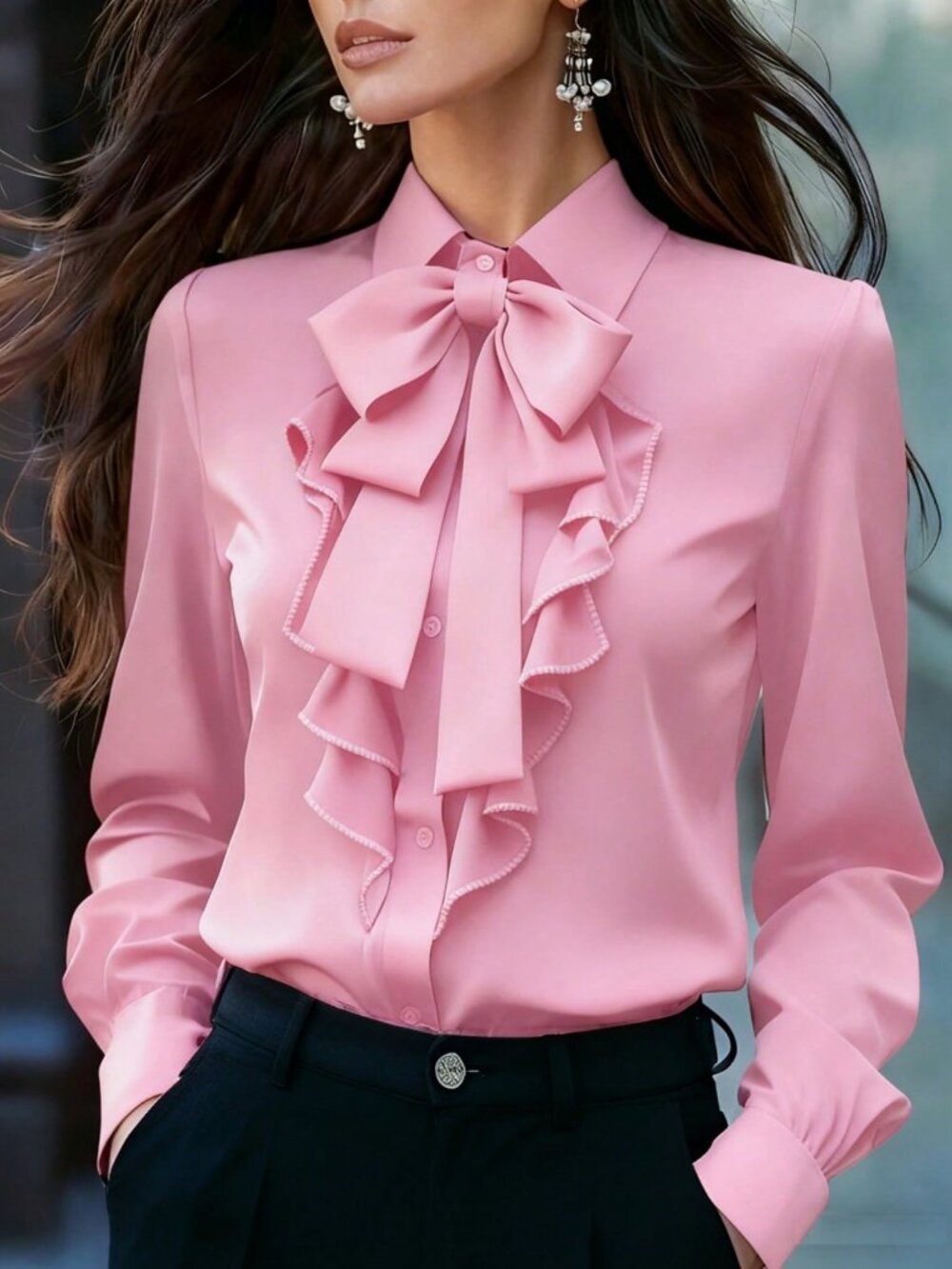 Baby Pink Women's Elegant Long Sleeve Bow And Ruffle Front Detail Blouse